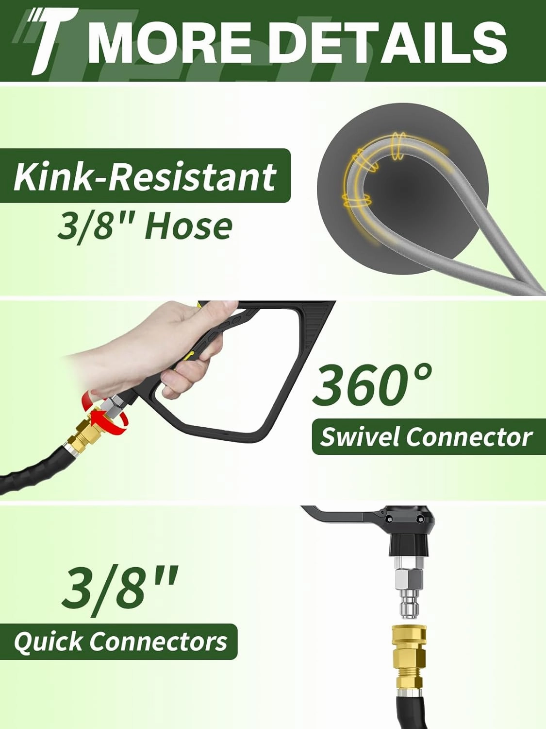 3/8" 4800PSI Pressure Washer Hose 100FT with Swivel Quick Connect for Cold/Hot Water Max 248°F, Kink Resistant Steel Wire Braided, Wear Resistant Power Washer Hose with M22 14mm Adapter
