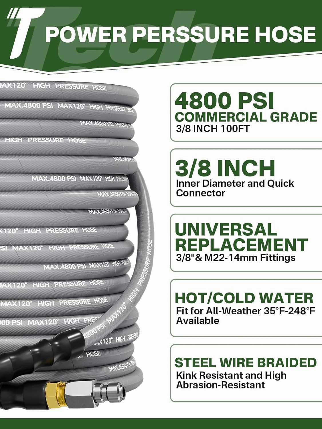 3/8" 4800PSI Pressure Washer Hose 100FT with Swivel Quick Connect for Cold/Hot Water Max 248°F, Kink Resistant Steel Wire Braided, Wear Resistant Power Washer Hose with M22 14mm Adapter