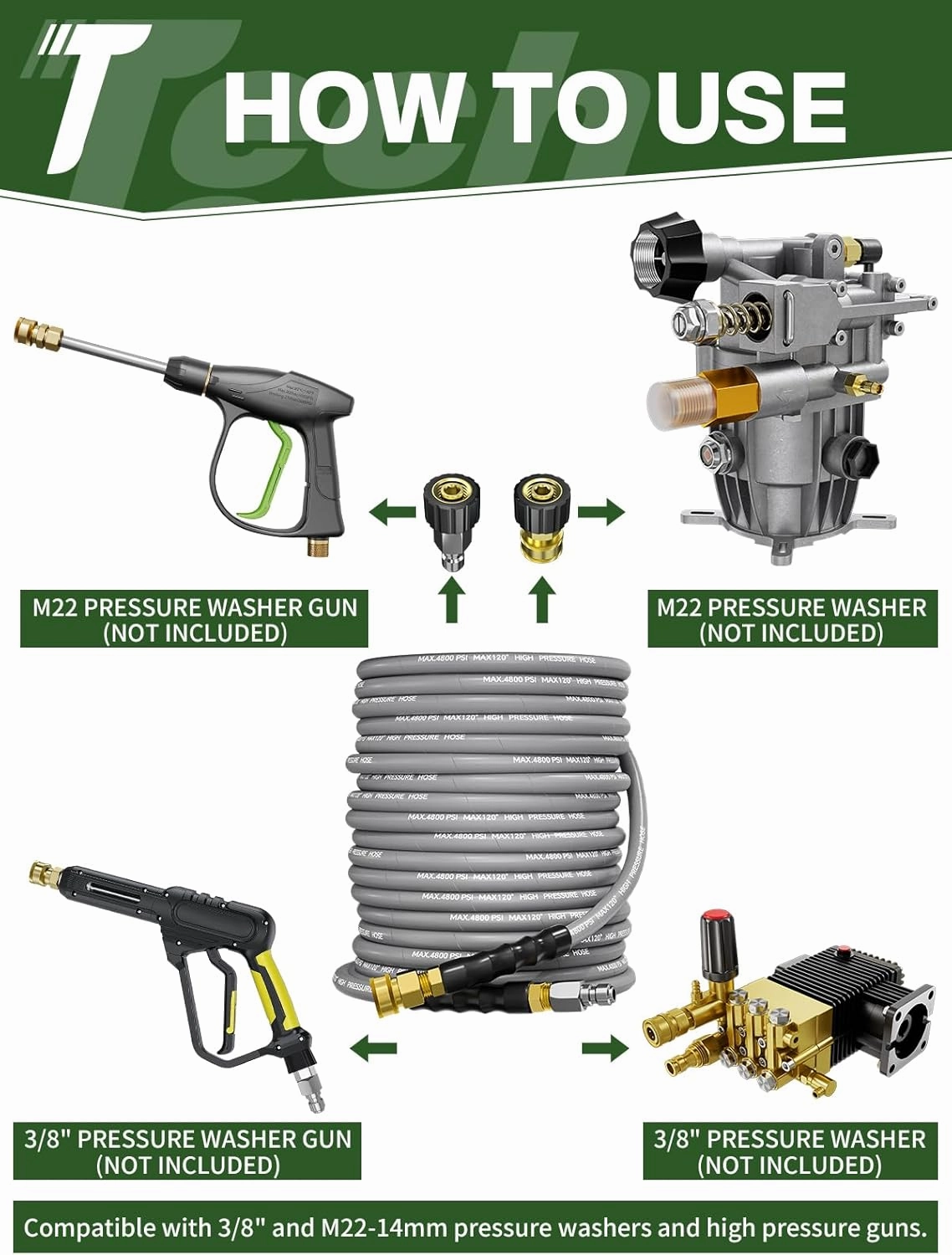 3/8" 4800PSI Pressure Washer Hose 100FT with Swivel Quick Connect for Cold/Hot Water Max 248°F, Kink Resistant Steel Wire Braided, Wear Resistant Power Washer Hose with M22 14mm Adapter