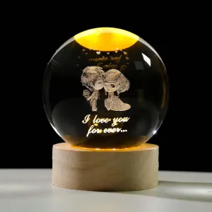 3D Couple Doll Crystal Figurines Valentine's Day Gift, Crystal Ball Lamp with Wooden Light Base, Laser Engraved Glass Sphere Home Decor