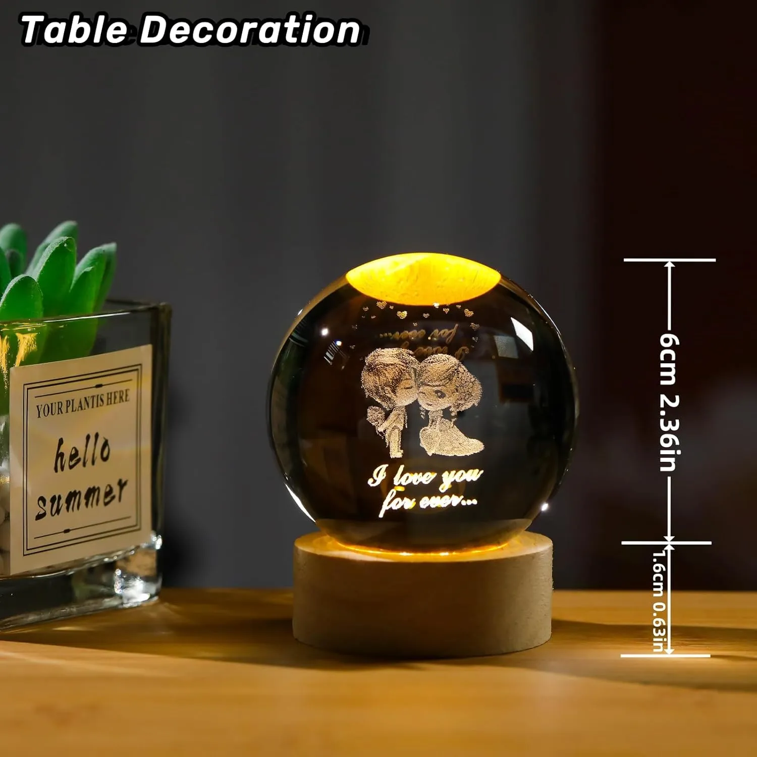 3D Couple Doll Crystal Figurines Valentine's Day Gift, Crystal Ball Lamp with Wooden Light Base, Laser Engraved Glass Sphere Home Decor