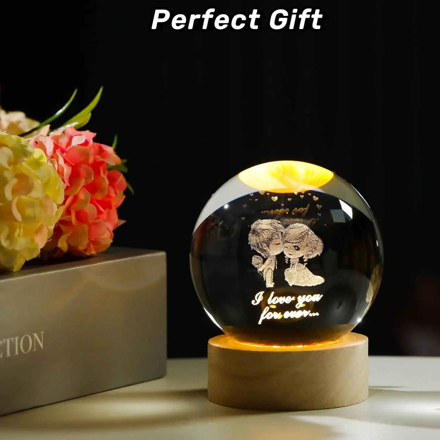 3D Couple Doll Crystal Figurines Valentine's Day Gift, Crystal Ball Lamp with Wooden Light Base, Laser Engraved Glass Sphere Home Decor