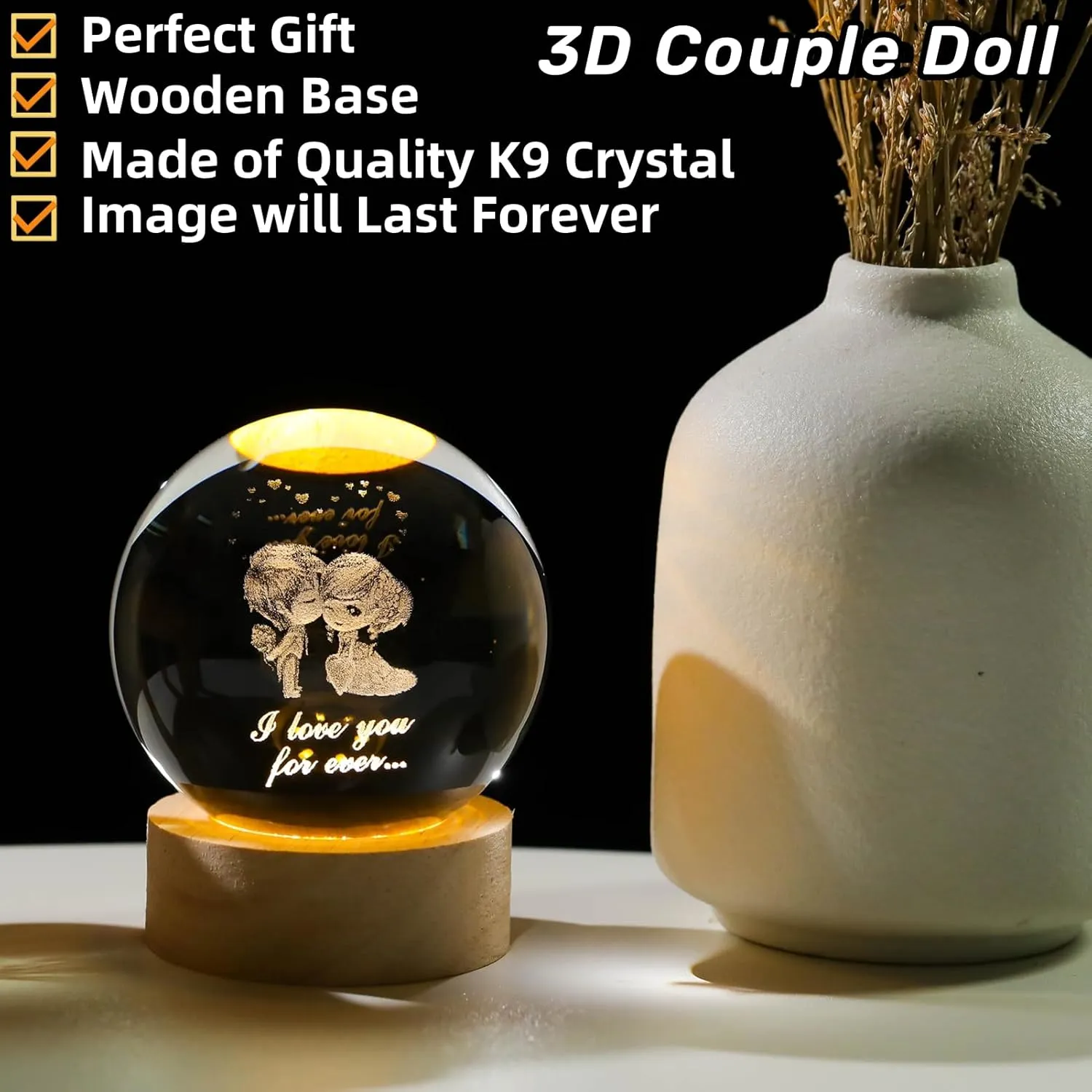 3D Couple Doll Crystal Figurines Valentine's Day Gift, Crystal Ball Lamp with Wooden Light Base, Laser Engraved Glass Sphere Home Decor