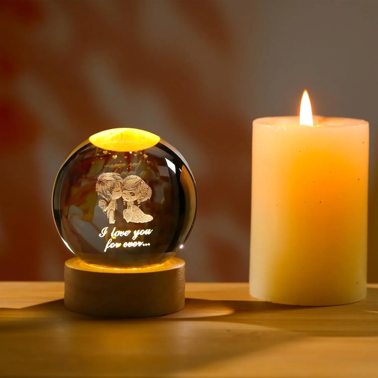 3D Couple Doll Crystal Figurines Valentine's Day Gift, Crystal Ball Lamp with Wooden Light Base, Laser Engraved Glass Sphere Home Decor