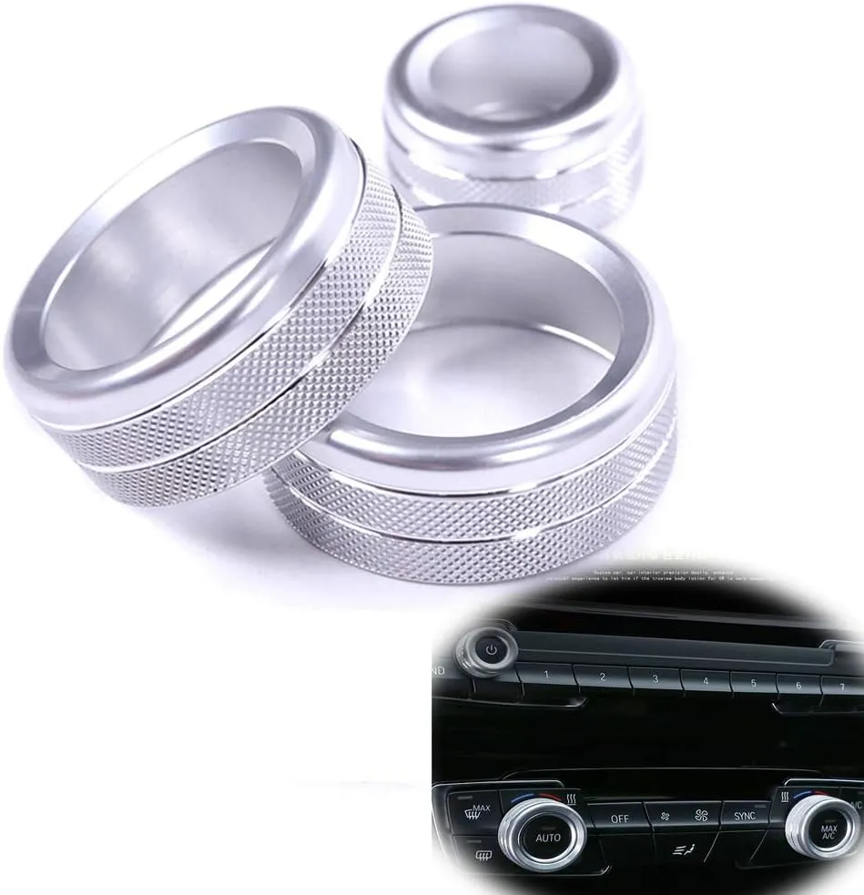 3pcs Silver Aluminum Alloy AC Air Conditioning Climate Control and Radio Volume Knob Ring Covers for BMW 1 2 3 3GT 4 X1 Series (F20 F22 F30 F31 F32 F33 F80 F82 F87 F48)