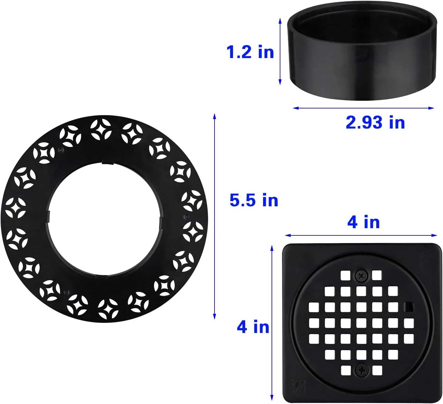 4” Drain Grate Kit Set Replacement, Height Adjustment Collar and Ring - SS304 Grates and Durable ABS - Compatible with Kerdi-Drain Flange - Easy Installation (Matte Black)