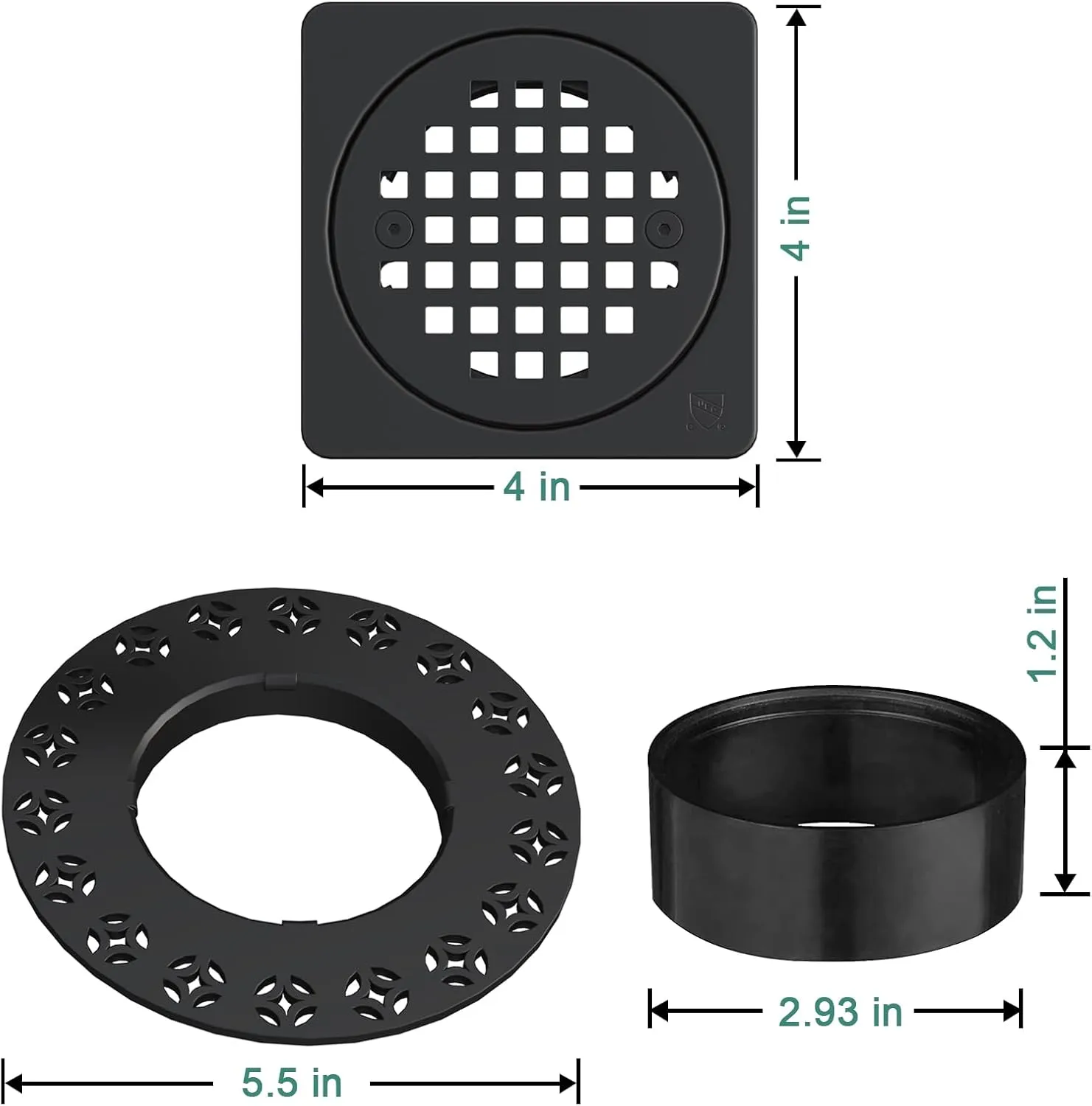 4 Inch Drain Grate Kit,Compatible with Schluter Kerdi Drain Flange, CUPC Certification,Square Shower Floor Drain SS304 Stainless Steel and ABS Material,Height Adjustment Collar and Ring(Matte Black)