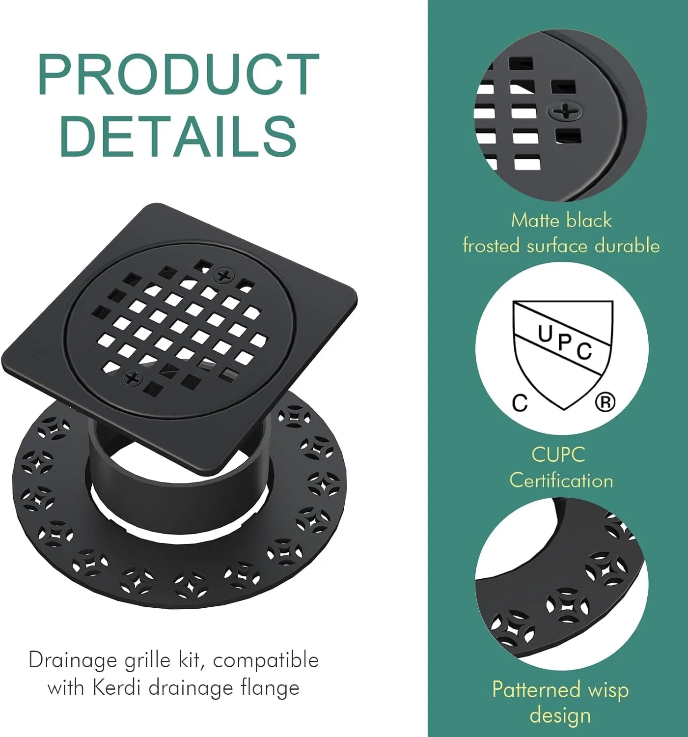 4 Inch Drain Grate Kit,Compatible with Schluter Kerdi Drain Flange, CUPC Certification,Square Shower Floor Drain SS304 Stainless Steel and ABS Material,Height Adjustment Collar and Ring(Matte Black)