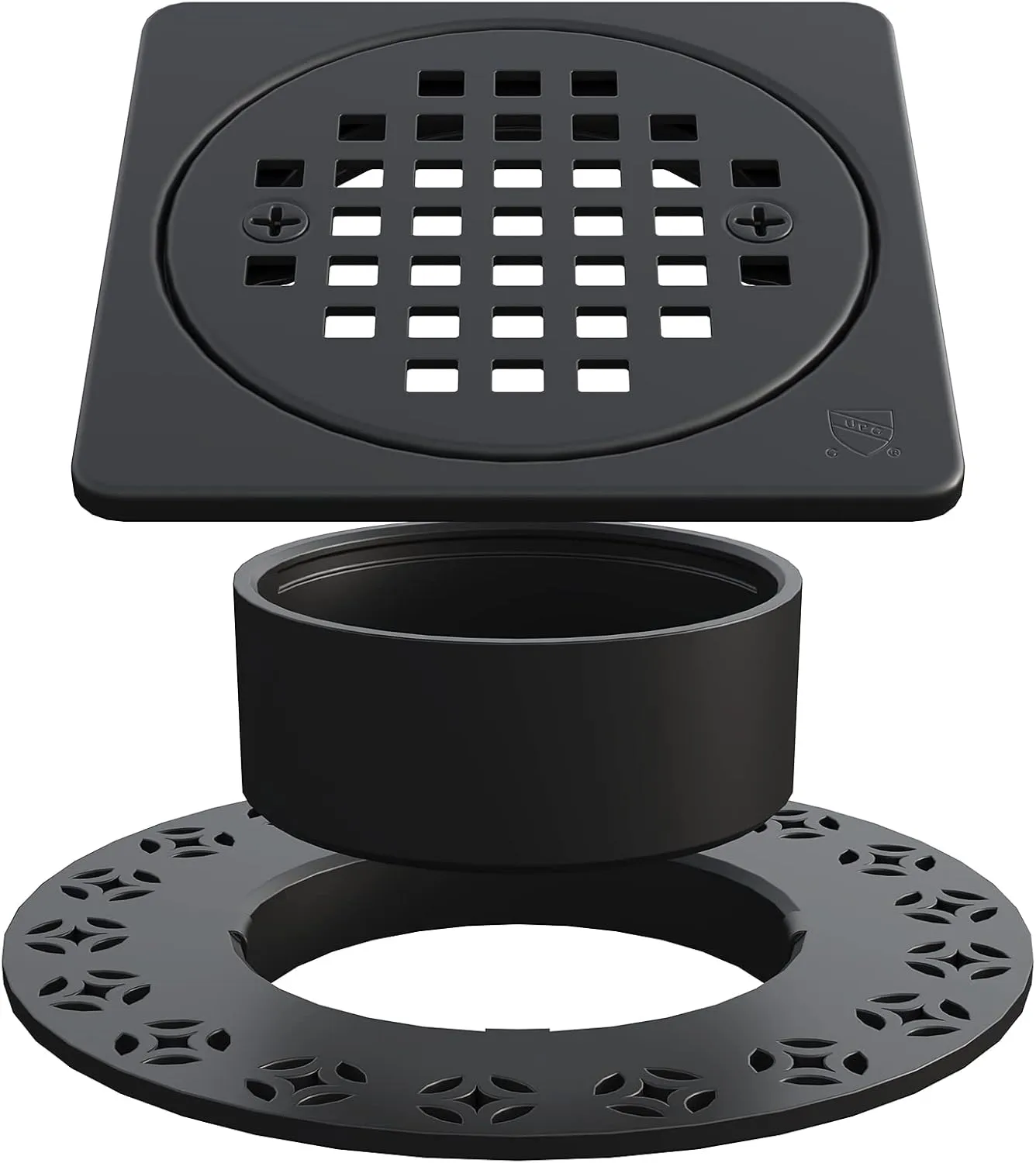 4 Inch Drain Grate Kit,Compatible with Schluter Kerdi Drain Flange, CUPC Certification,Square Shower Floor Drain SS304 Stainless Steel and ABS Material,Height Adjustment Collar and Ring(Matte Black)