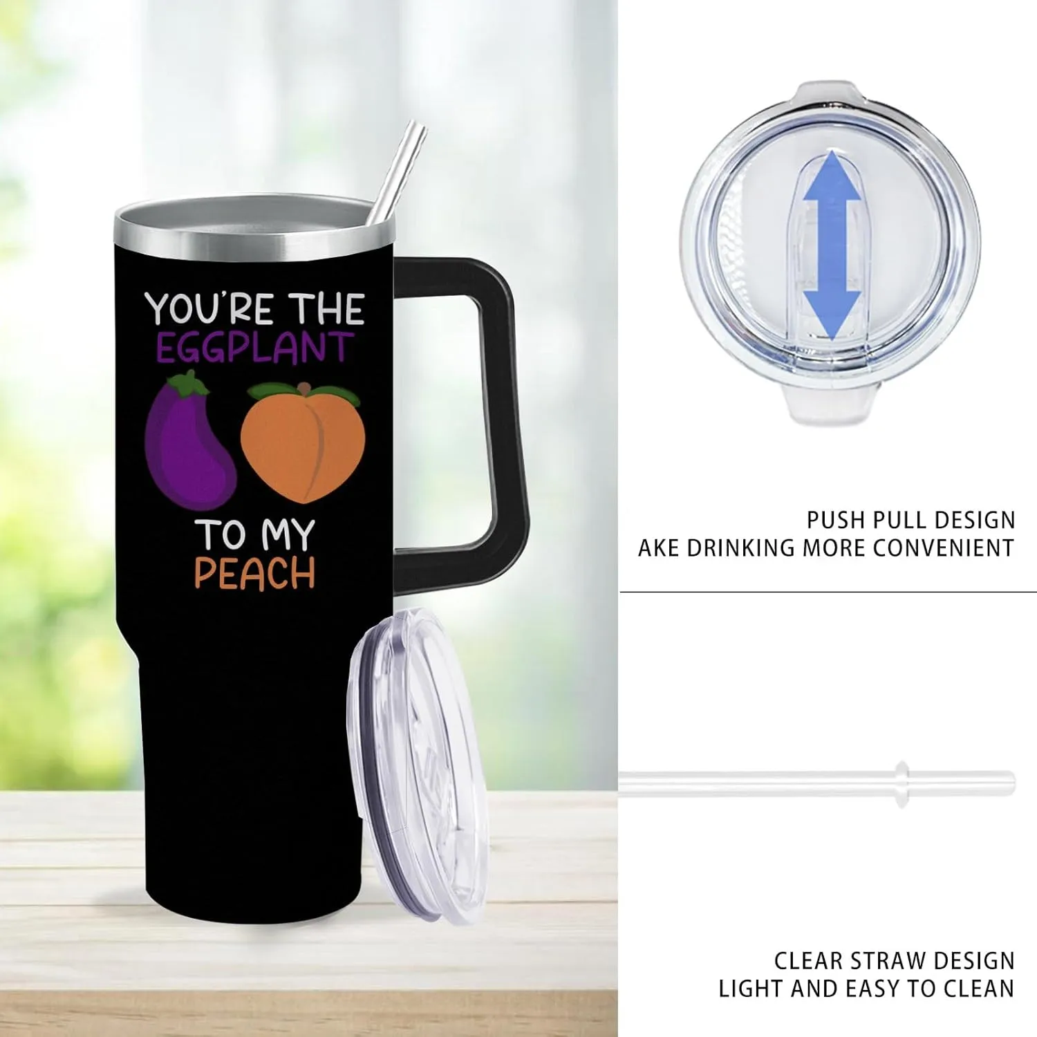 40 oz Tumbler with Handle You're The Eggplant To My Peach Tumbler Personalized Tumbler with Lid and Straw Insulated Tumbler Stainless Steel Tumbler