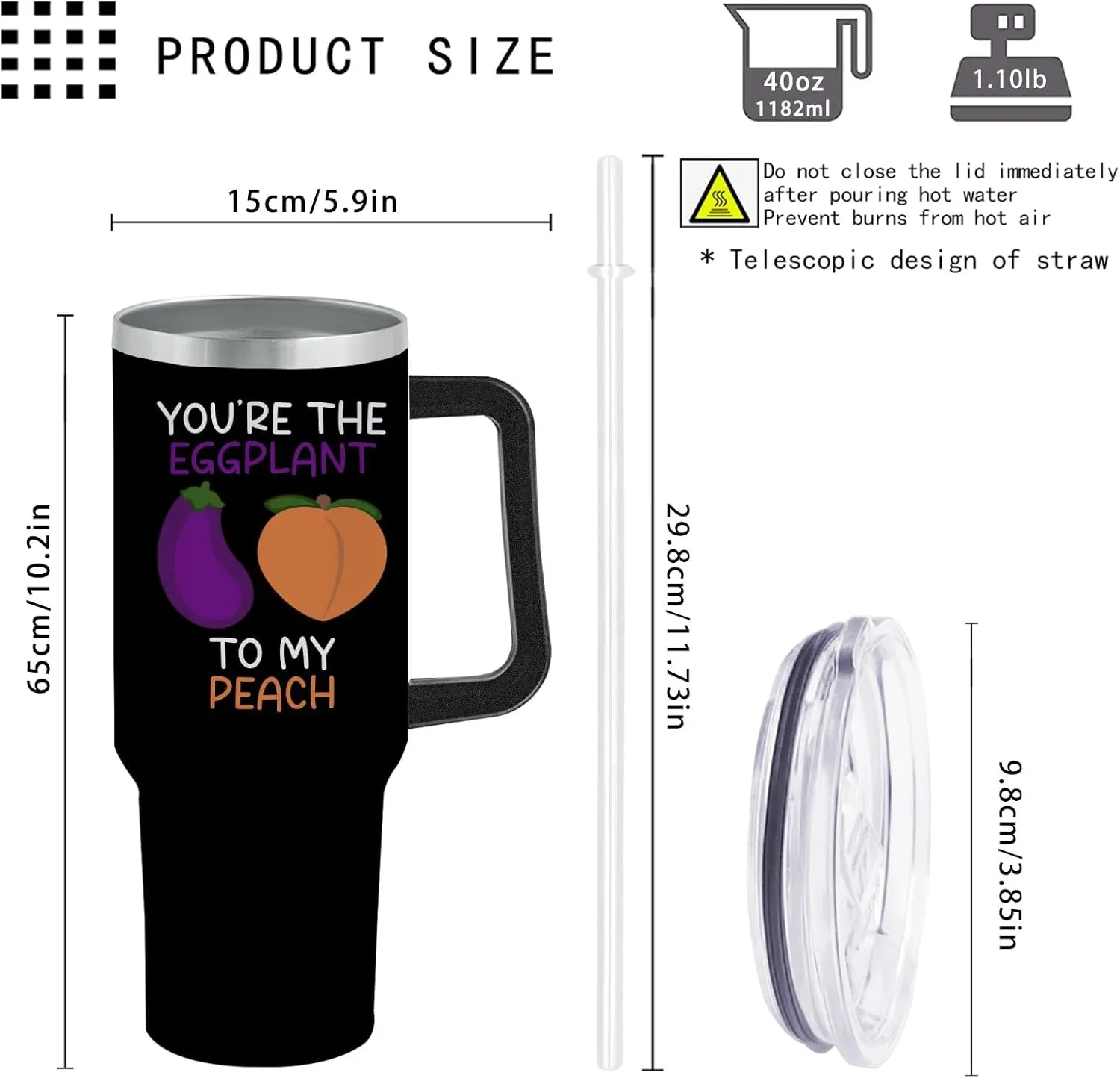 40 oz Tumbler with Handle You're The Eggplant To My Peach Tumbler Personalized Tumbler with Lid and Straw Insulated Tumbler Stainless Steel Tumbler