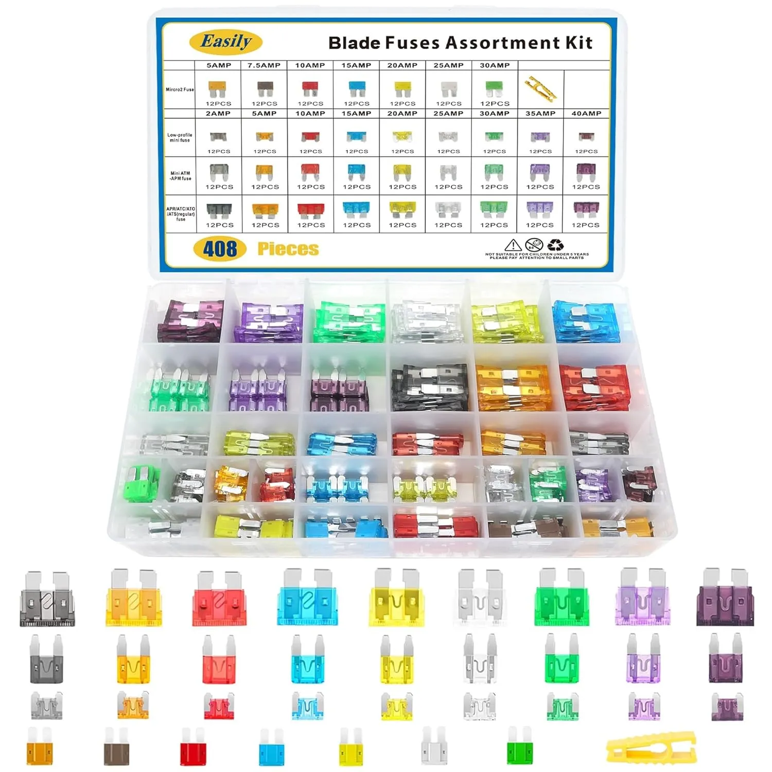 408 PCS Car Fuses Assortment Kit Standard Mini LP Mini Micro2 Blade Fuse ATO ATC APS ATS APR 2A 5A 7.5A 10A 15A 20A 25A 30A 35A 40A Replacement Fuses for Cars Trucks RVs Boat, with 1 PC Fuse Puller