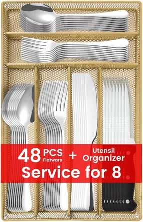 48 pieces Silverware with orgainzer, KITWARE Flatware for 8, Stainless Steel Utensil with metal tray, Home & Kitchen Mirror Polish Cutlery, Dishwasher Safe