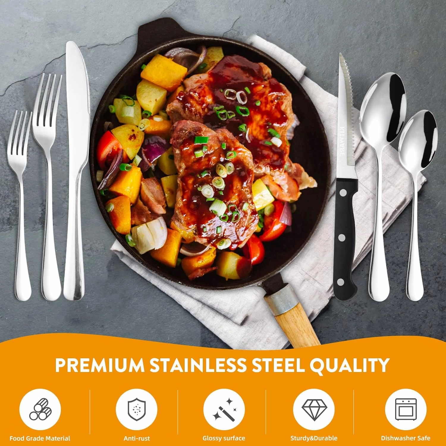 48 pieces Silverware with orgainzer, KITWARE Flatware for 8, Stainless Steel Utensil with metal tray, Home & Kitchen Mirror Polish Cutlery, Dishwasher Safe