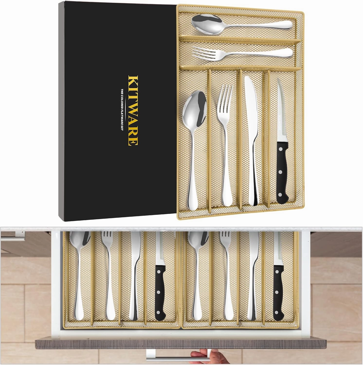 48 pieces Silverware with orgainzer, KITWARE Flatware for 8, Stainless Steel Utensil with metal tray, Home & Kitchen Mirror Polish Cutlery, Dishwasher Safe