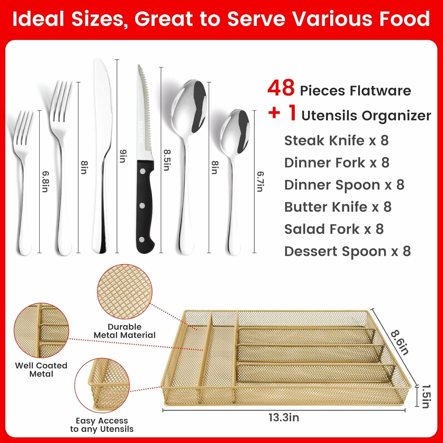 48 pieces Silverware with orgainzer, KITWARE Flatware for 8, Stainless Steel Utensil with metal tray, Home & Kitchen Mirror Polish Cutlery, Dishwasher Safe