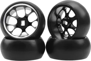 4Pack Vgoohobby 1/28 Tires Plastic Drift Car Tyres w/Alloy Wheel Rims Compatible with Wltoys K969 K989 Kyosho Mini-Z Mini-Q Mini-D 1/28 RC Drift Car (Black)