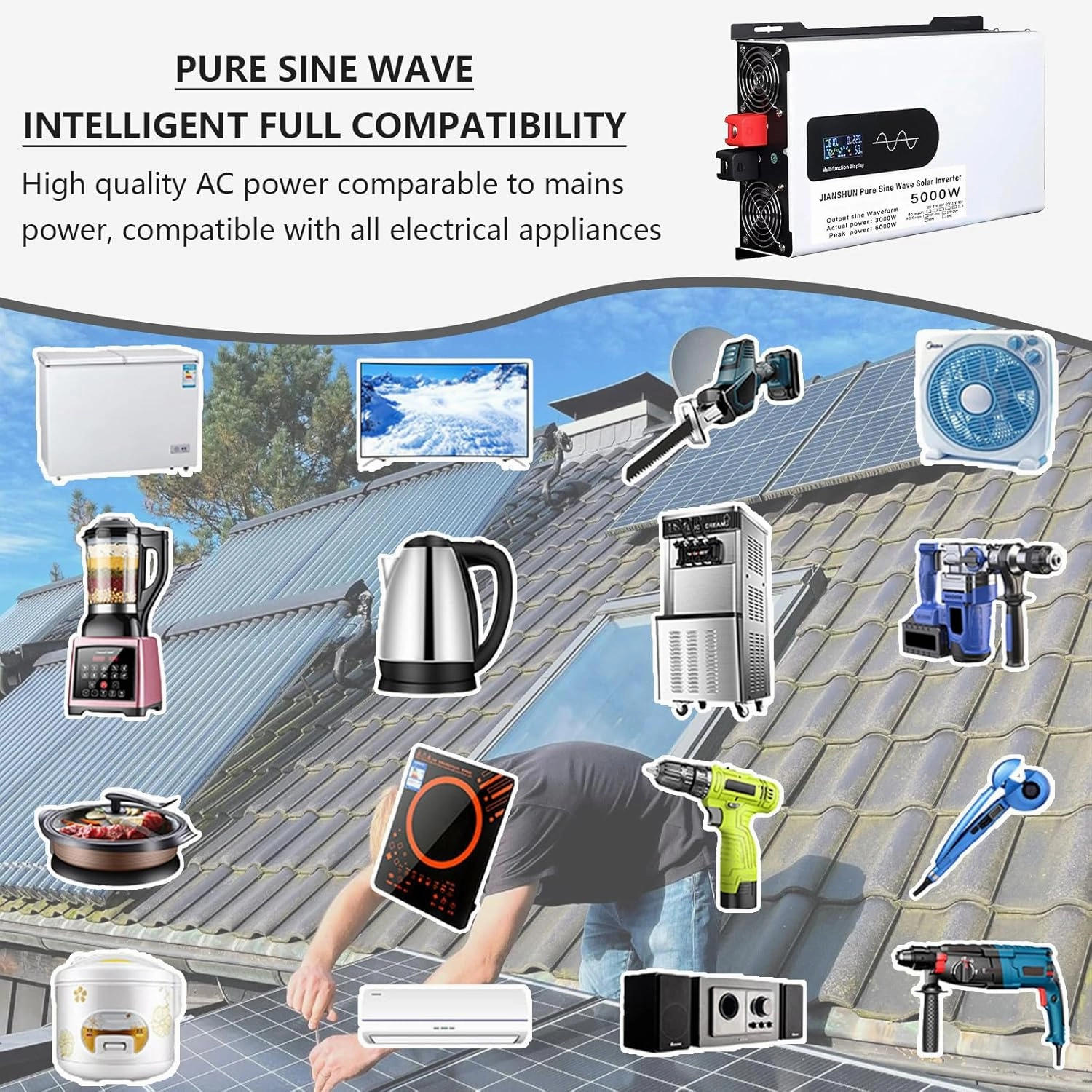 5000w/6000w/8000w/10000w Hybrid Solar Inverter,DC 12V 24V 48V 60V to 110V/220V AC Split Phase Inverter with Pure Sine Wave Inverter,Parallel inverters,for Home Energy Storage,6000W-24V