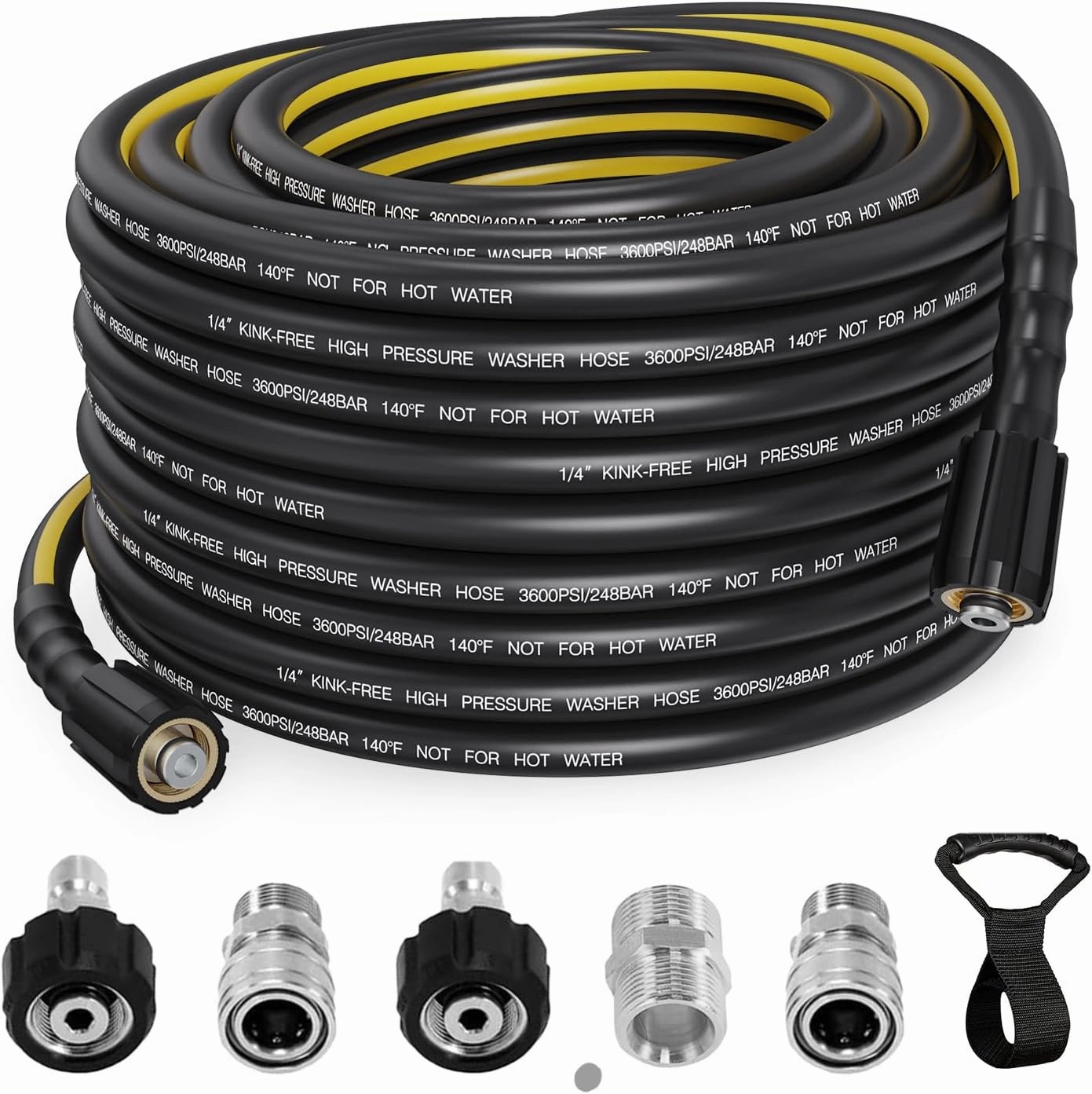 50FT Power Washer Hose, 3600 PSI 1/4'' Kink Resistant Pressure Washer Hose with 5-Pack M22 and 3/8" Quick Connection Kit, High Pressure Replacement Hose with Storage Belt for Gas & Electric Washers
