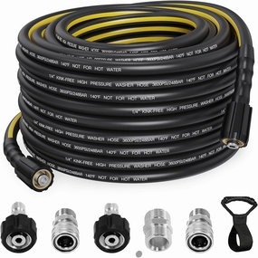 50FT Power Washer Hose, 3600 PSI 1/4'' Kink Resistant Pressure Washer Hose with 5-Pack M22 and 3/8" Quick Connection Kit, High Pressure Replacement Hose with Storage Belt for Gas & Electric Washers