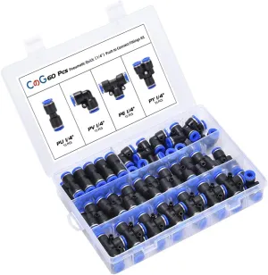 60Pcs Quick Connect Air Hose Fittings Kit - 1/4 inch OD, 15 Splitters, Elbows, Tees, Straight Quick Release Pneumatic Push to Connect Fittings for 1/4 inch Tube