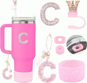 6Pcs Stanley Cup Accessories Set - Giltter Letter Charm for Cup Handle, Silicone Straw Cover, Diamond Letter Sticker, Sparkly Silicone Boot, Spill Proof Stopper for Tumbler 40Oz 30Oz