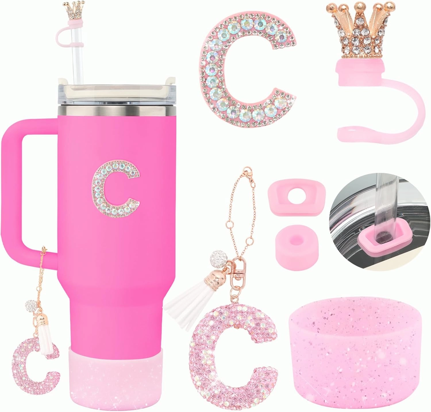 6Pcs Stanley Cup Accessories Set - Giltter Letter Charm for Cup Handle, Silicone Straw Cover, Diamond Letter Sticker, Sparkly Silicone Boot, Spill Proof Stopper for Tumbler 40Oz 30Oz