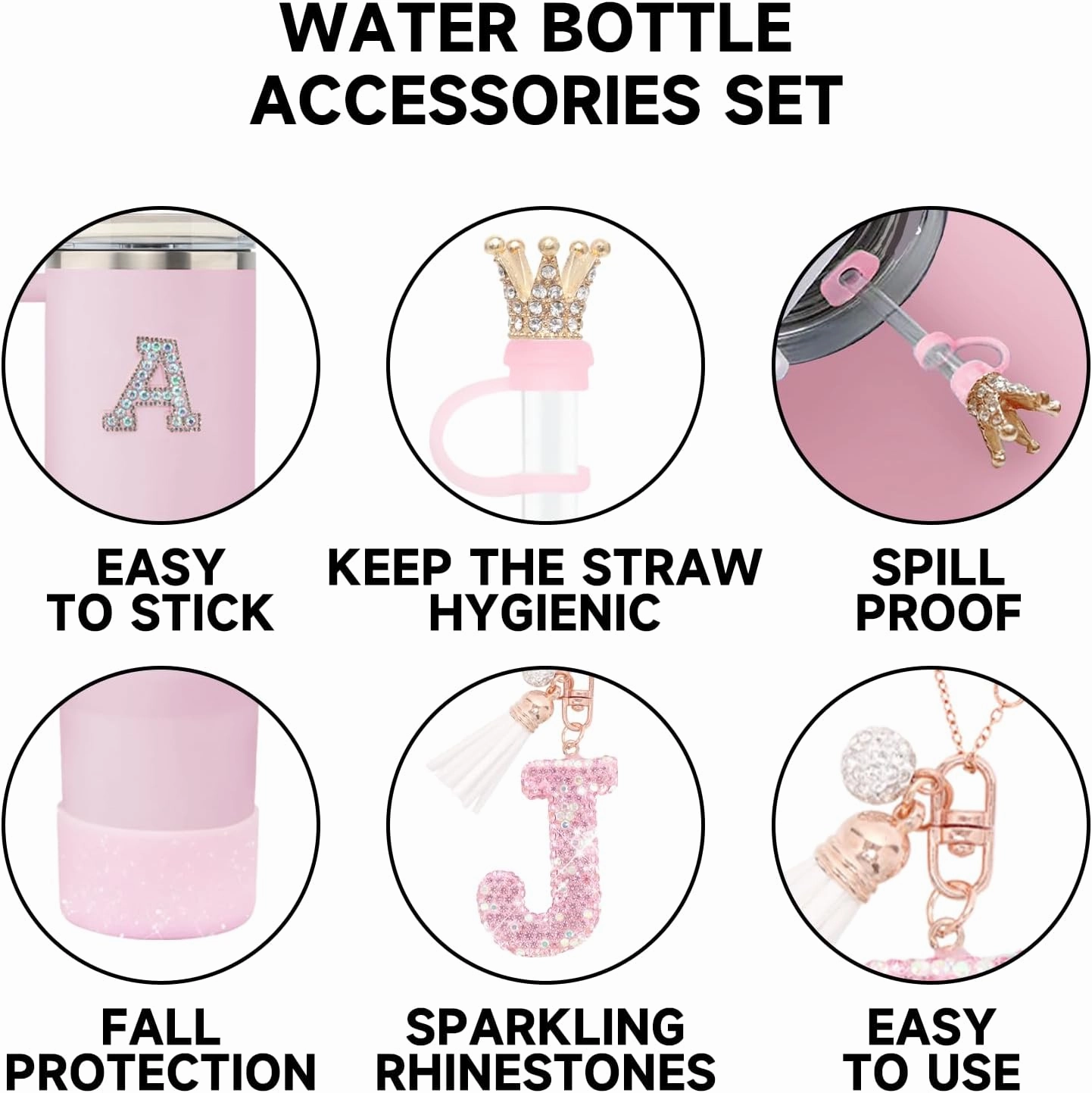 6Pcs Stanley Cup Accessories Set - Giltter Letter Charm for Cup Handle, Silicone Straw Cover, Diamond Letter Sticker, Sparkly Silicone Boot, Spill Proof Stopper for Tumbler 40Oz 30Oz