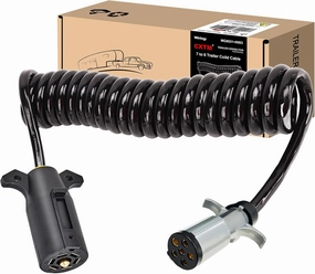 7 Pin to 6 Pin Trailer Adapter, Coiled Trailer Cord Stretches 8 Feet, 7-Wire to 6-Wire Coiled Cable RV 7 to 6 Trailer Wiring Extension Cord