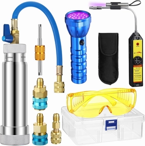 AC Leak Detector Kit, R1234yf R134a R410a AC Oil UV Dye Injector Kit Refrigerant Leak Detector Tool Low Side Quick Coupler Mini Split Adapter Glasses Flashlight(Powerful)