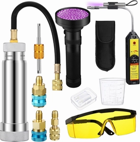 AC Leak Detector Kit, R1234yf R134a R410a AC Oil UV Dye Injector Kit Refrigerant Leak Detector Tool Low Side Quick Coupler Mini Split Adapter Glasses Flashlight(Suitable)