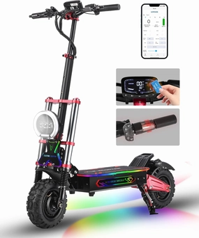 Adult Off-Road Electric Scooter, 11-inch All-Terrain Vacuum Tires, 6,000 Watt Dual Motor/Dual Suspension, 55 MPH Top Speed, 38 Amp Li-Ion Battery, 80 Mile Range, Folding Body with Seat