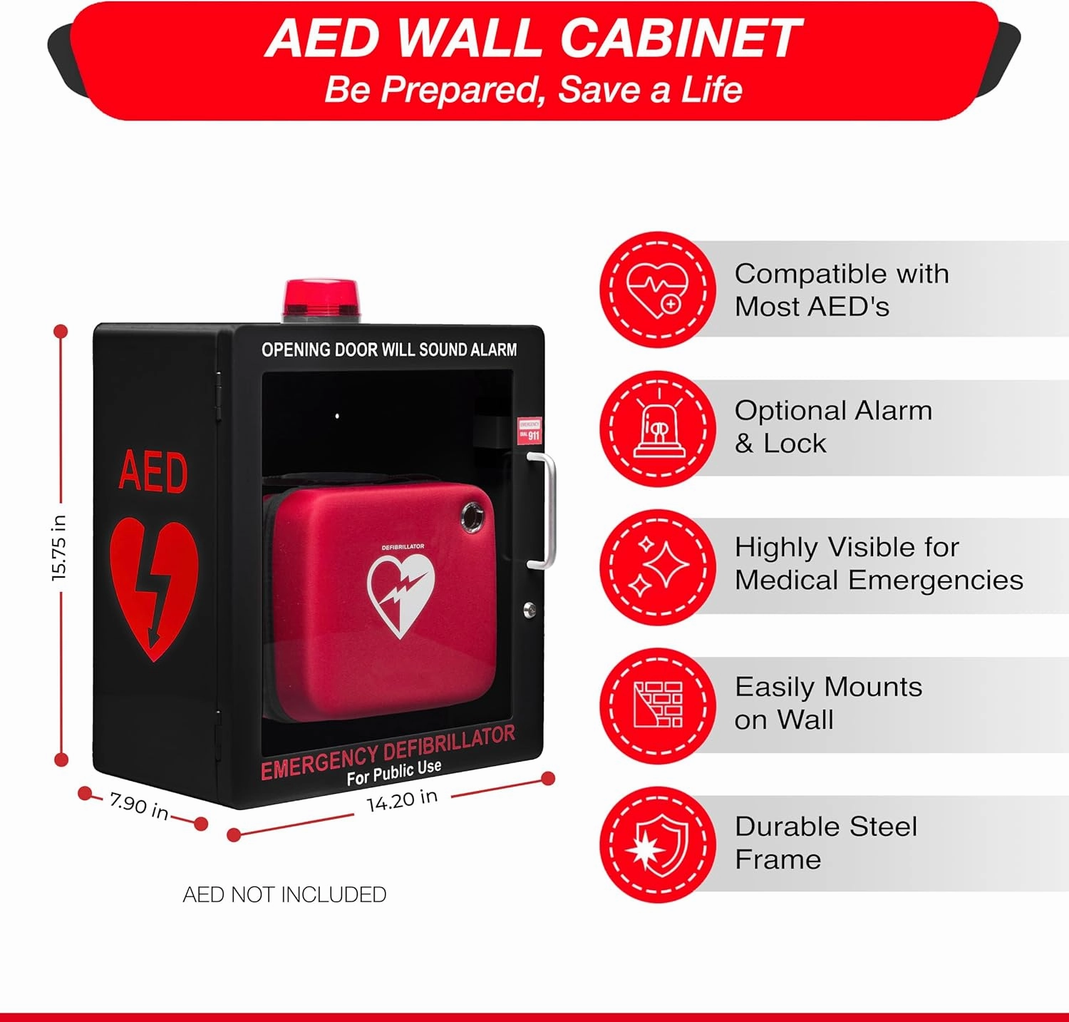 AED Defibrillator Wall Mount Cabinet | Optional Alarm & Lock | Durable Steel Frame | Fits All Brands of AED's for Public Spaces or Home (Black)(AED NOT INCLUDED)