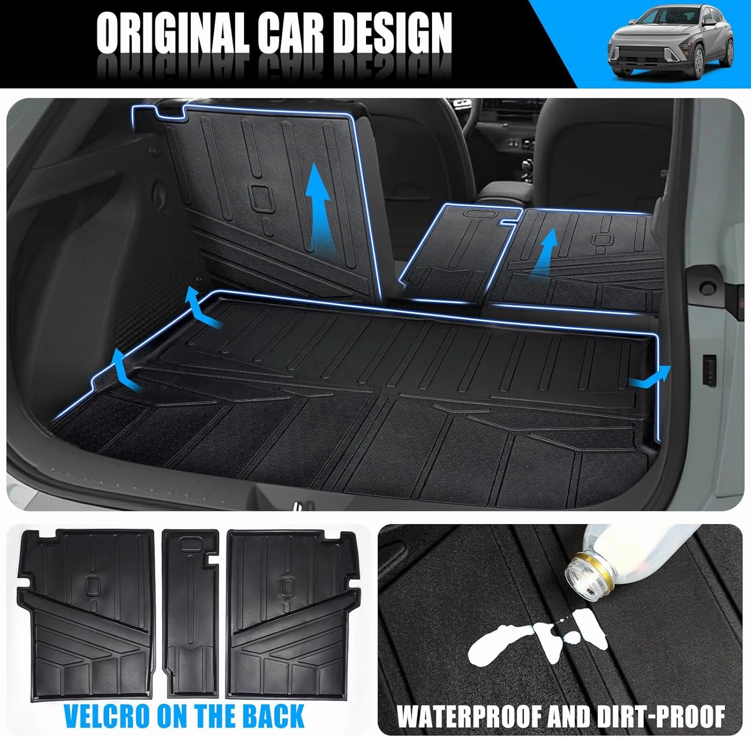All Weather Cargo Mat with Backrest Mat Fit for 2024 2025 Hyundai Kona & Kona Electric(EV), TPE Car Cargo Trunk Mat Accessories Custom Cargo Liner for SUV, 2024 2025 Hyundai Kona Accessories