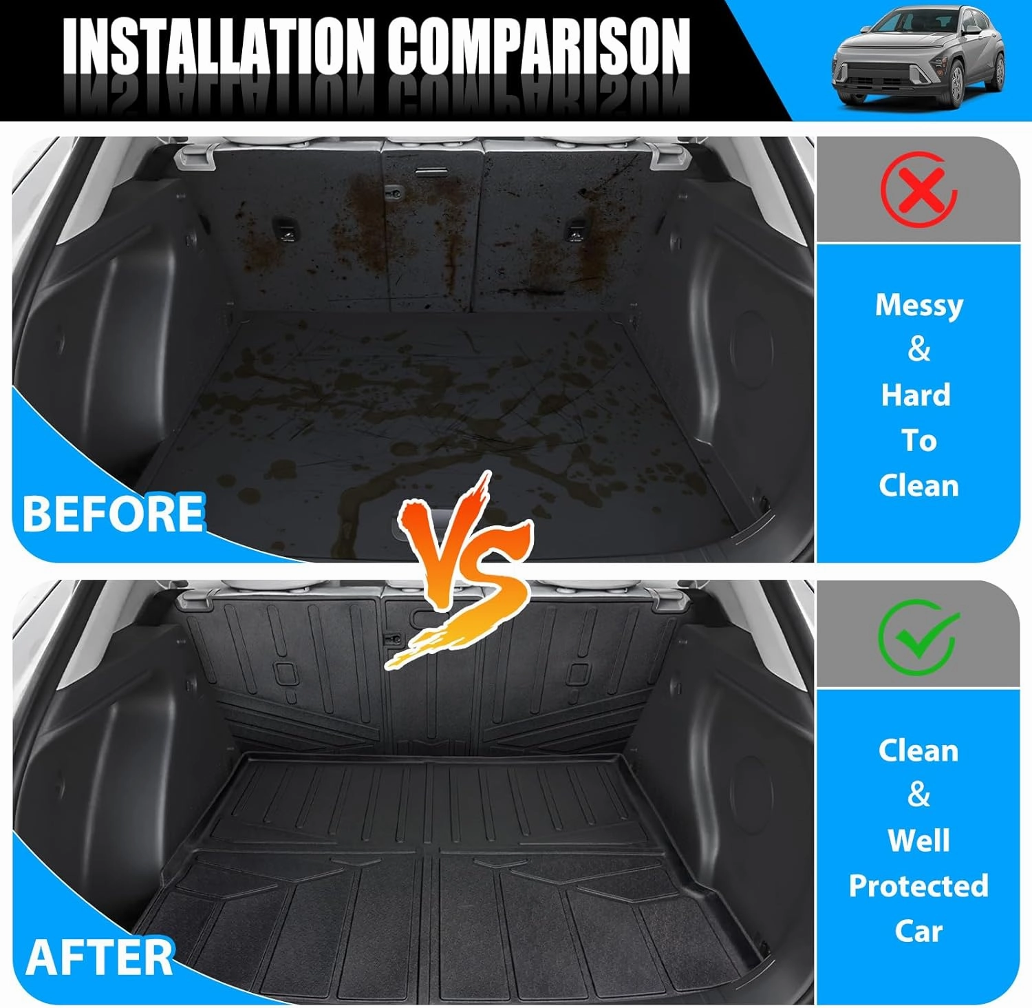 All Weather Cargo Mat with Backrest Mat Fit for 2024 2025 Hyundai Kona & Kona Electric(EV), TPE Car Cargo Trunk Mat Accessories Custom Cargo Liner for SUV, 2024 2025 Hyundai Kona Accessories