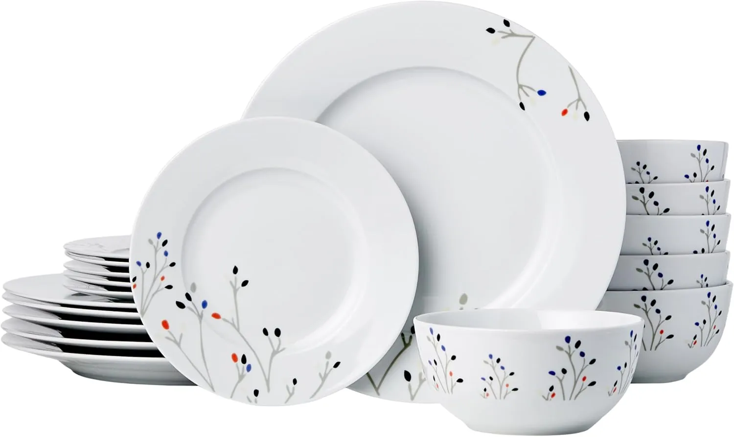 Amazon Basics 18-Piece Kitchen Dinnerware Set, Plates, Dishes, Bowls, Service for 6, Branches