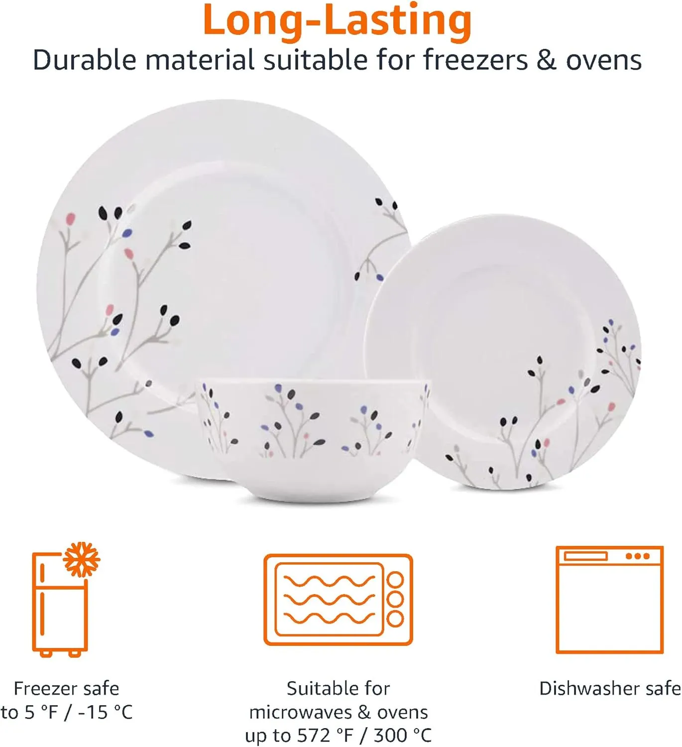 Amazon Basics 18-Piece Kitchen Dinnerware Set, Plates, Dishes, Bowls, Service for 6, Branches