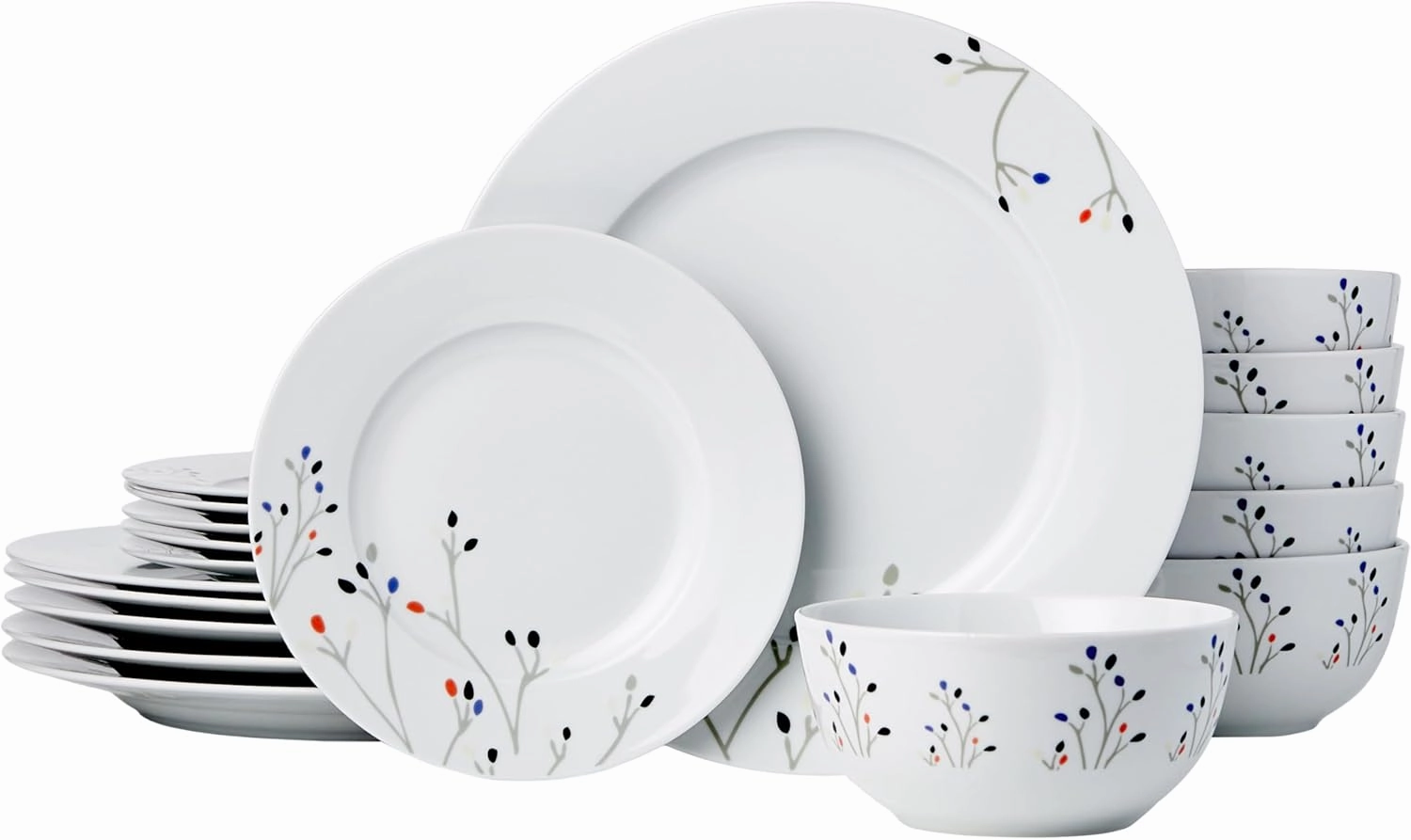Amazon Basics Dinnerware Set, Microwave and Dishwasher Safe, Service for 6, 18-Piece Complete Kitchen, Plates, Dishes, Bowls, Branches