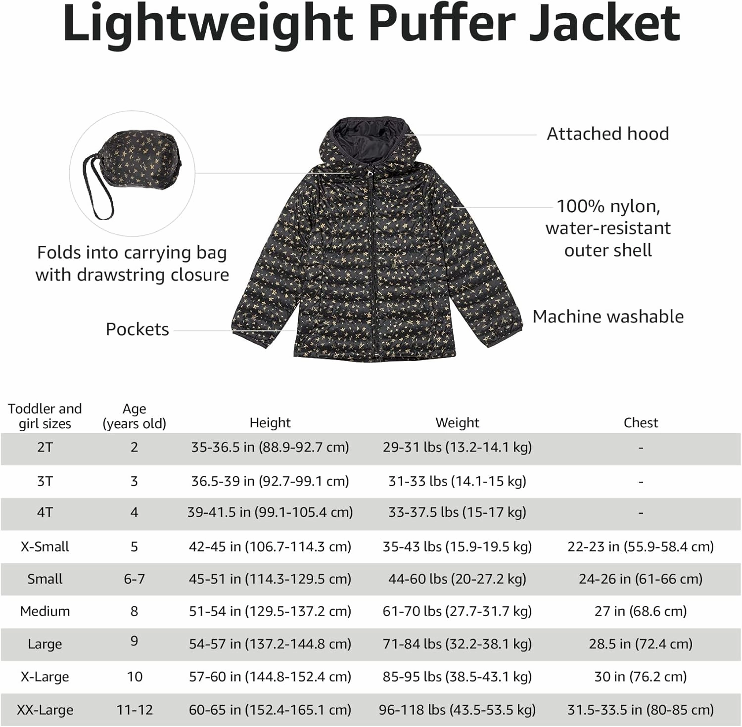 Amazon Essentials Girls and Toddlers' Lightweight Water-Resistant Packable Hooded Puffer Jacket