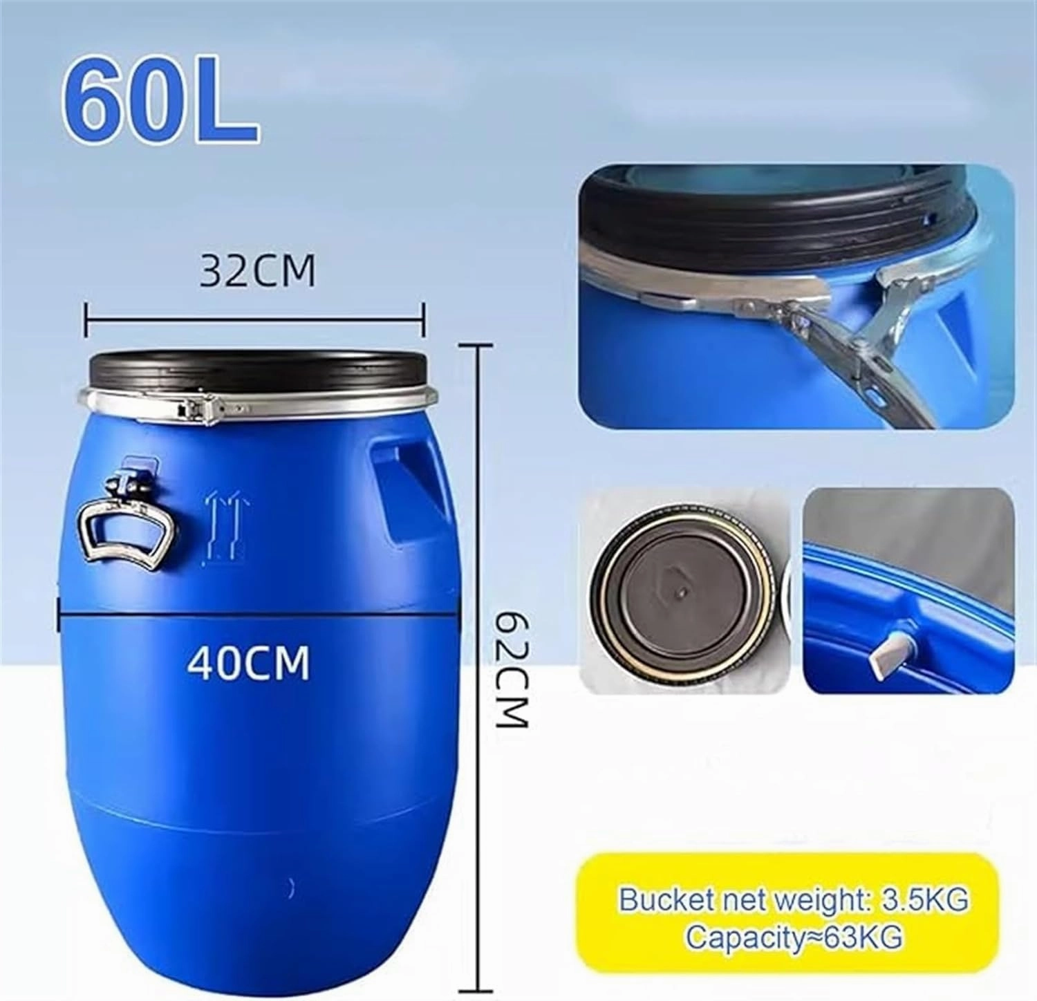 AMAZWI Water Tank 30L/50L/60L/100L/120L/160L/200L Thick Plastic Circular Water Storage Container Storage Bucket with Lid Portable Camping Water Container(60L)