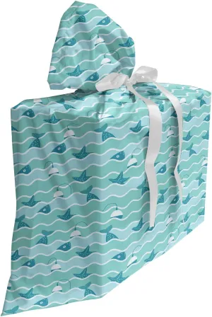 Ambesonne Aquatic Fabric Gift Bag, Rhythmic Waves Fishing Theme Wavy Stripes Float Simple Illustration, Present Sack for Parties Birthdays with 3 Ribbons, 27, Seafoam Sea Blue