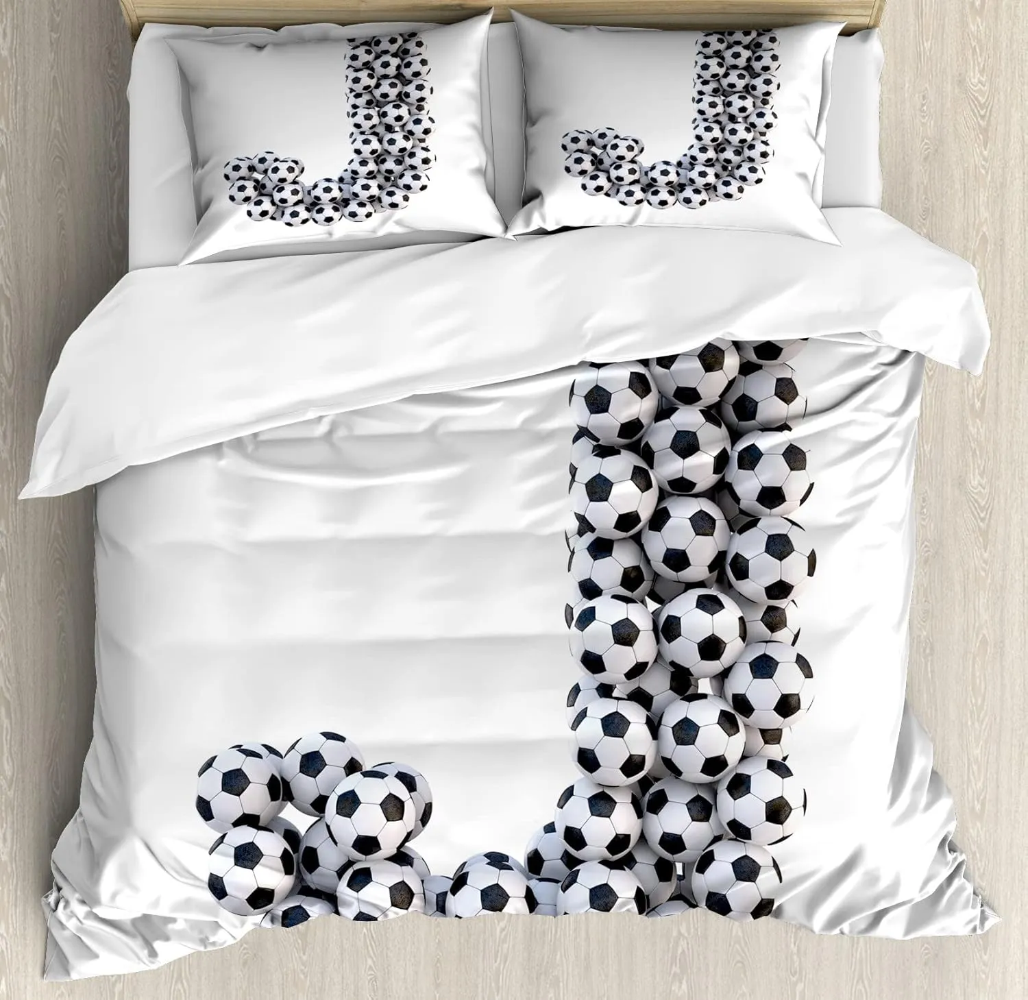 Ambesonne Letter J Duvet Cover Set, Soccer Balls in The Form of a Letter Futboll Alphabet Theme Teamplay Sports, Decorative 3 Piece Bedding Set with 2 Pillow Shams, Queen Size, Black Off White