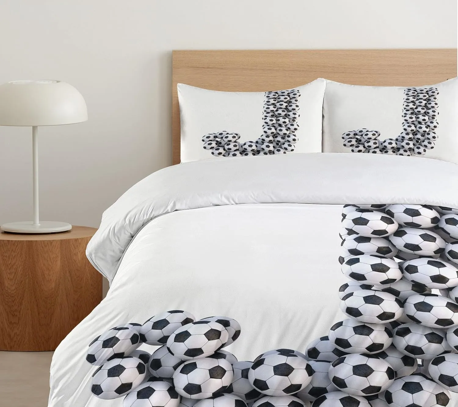 Ambesonne Letter J Duvet Cover Set, Soccer Balls in The Form of a Letter Futboll Alphabet Theme Teamplay Sports, Decorative 3 Piece Bedding Set with 2 Pillow Shams, Queen Size, Black Off White