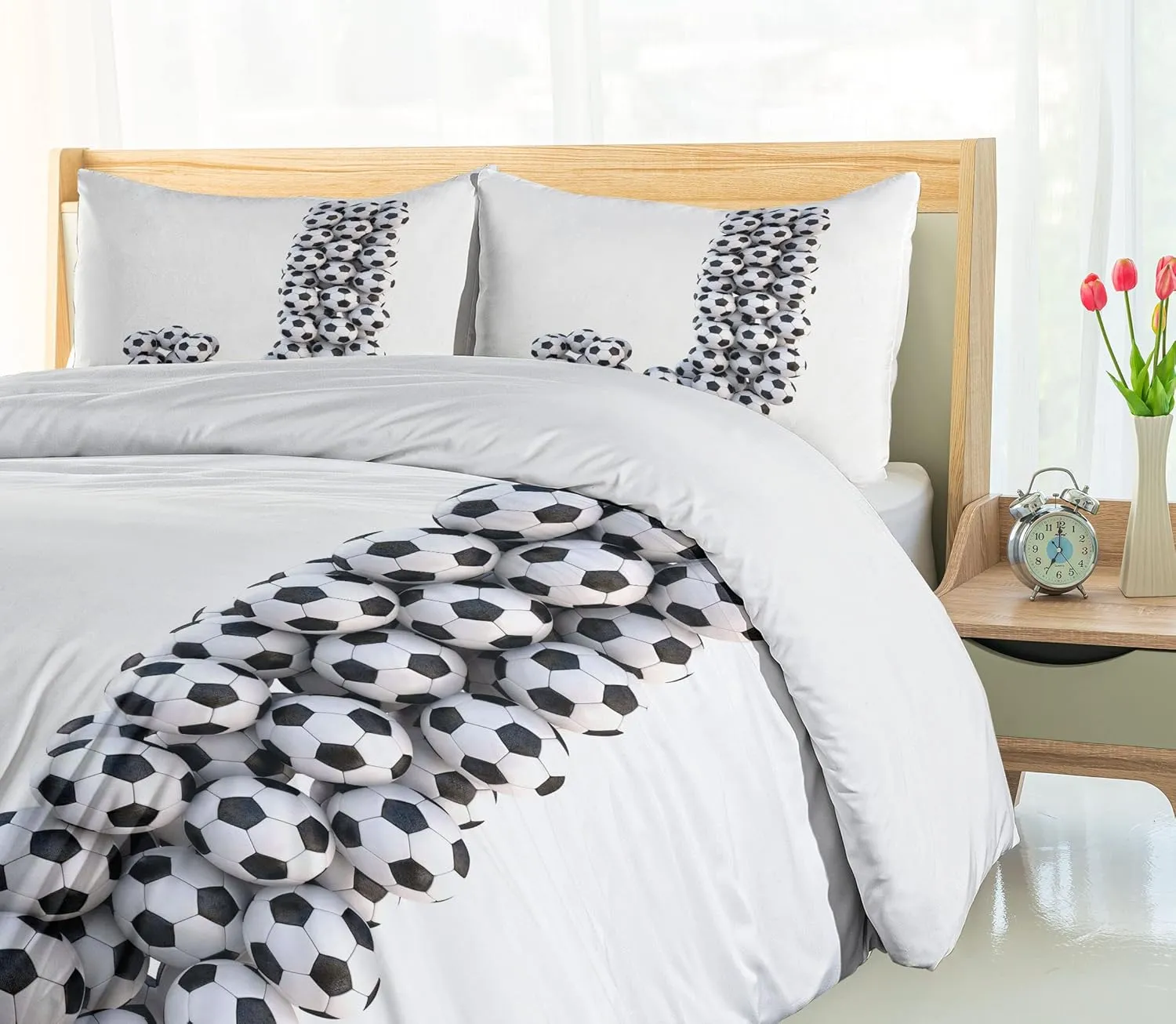 Ambesonne Letter J Duvet Cover Set, Soccer Balls in The Form of a Letter Futboll Alphabet Theme Teamplay Sports, Decorative 3 Piece Bedding Set with 2 Pillow Shams, Queen Size, Black Off White