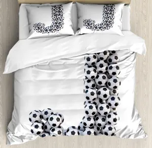 Ambesonne Letter J Duvet Cover Set, Soccer Balls in The Form of a Letter Futboll Alphabet Theme Teamplay Sports, Decorative 3 Piece Bedding Set with 2 Pillow Shams, Queen Size, Black Off White