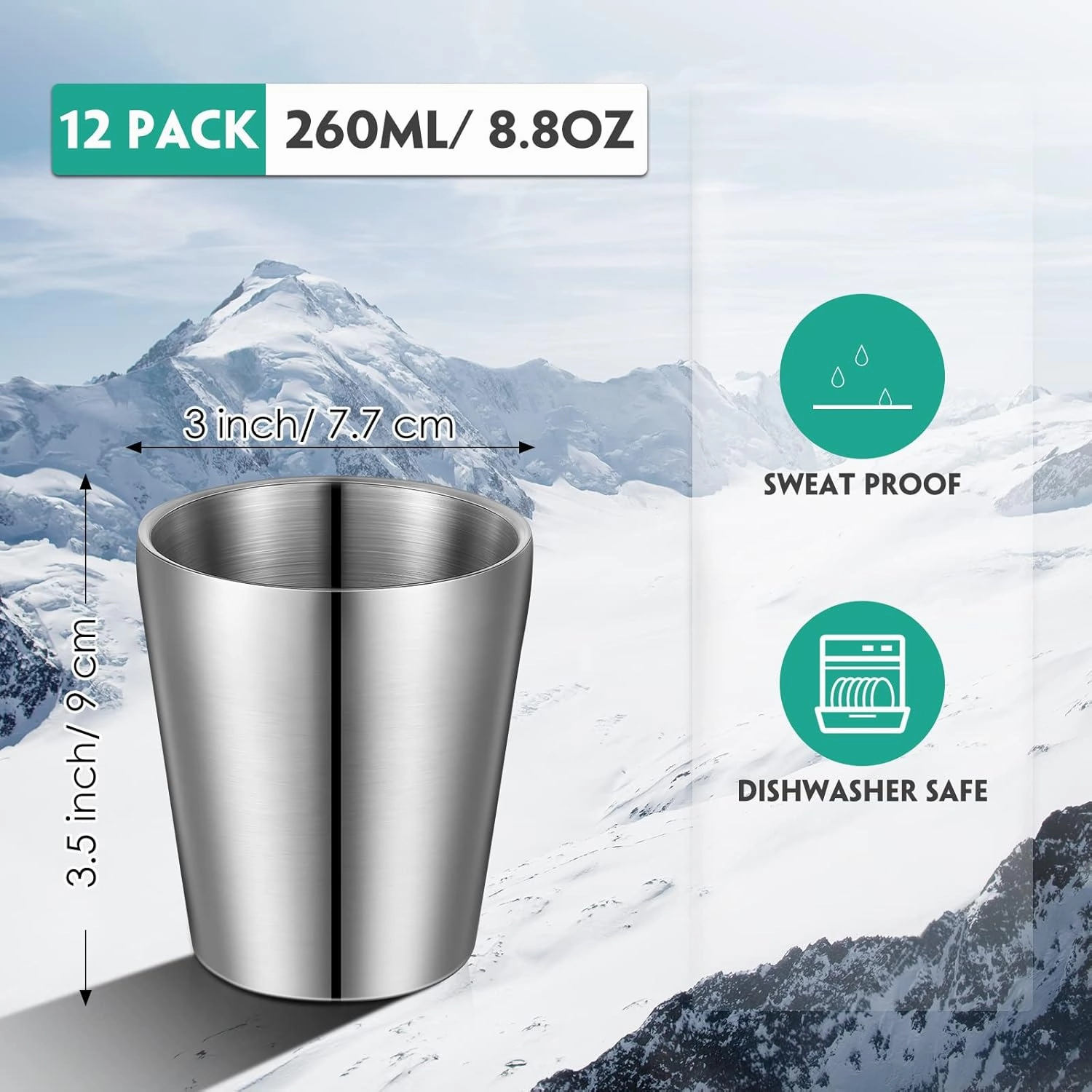 Amyhill 12 Pieces Stainless Steel Cups Double Wall Tumbler Glasses Stackable Metal Drinking Cups Insulated Drinking Glasses Reusable Camping Mugs for Home Camping RV BBQ Office Party(Silver,8.8 oz)