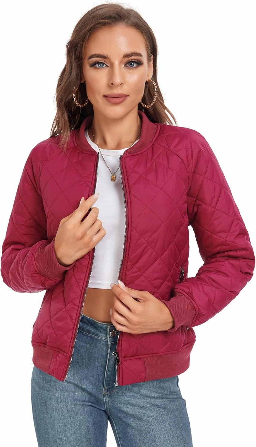 andy & natalie Women's Bomber Jacket Fashion Quilted Casual Lightweight Bomber Jakcets Zip up Outerwear Jacket with Pockets