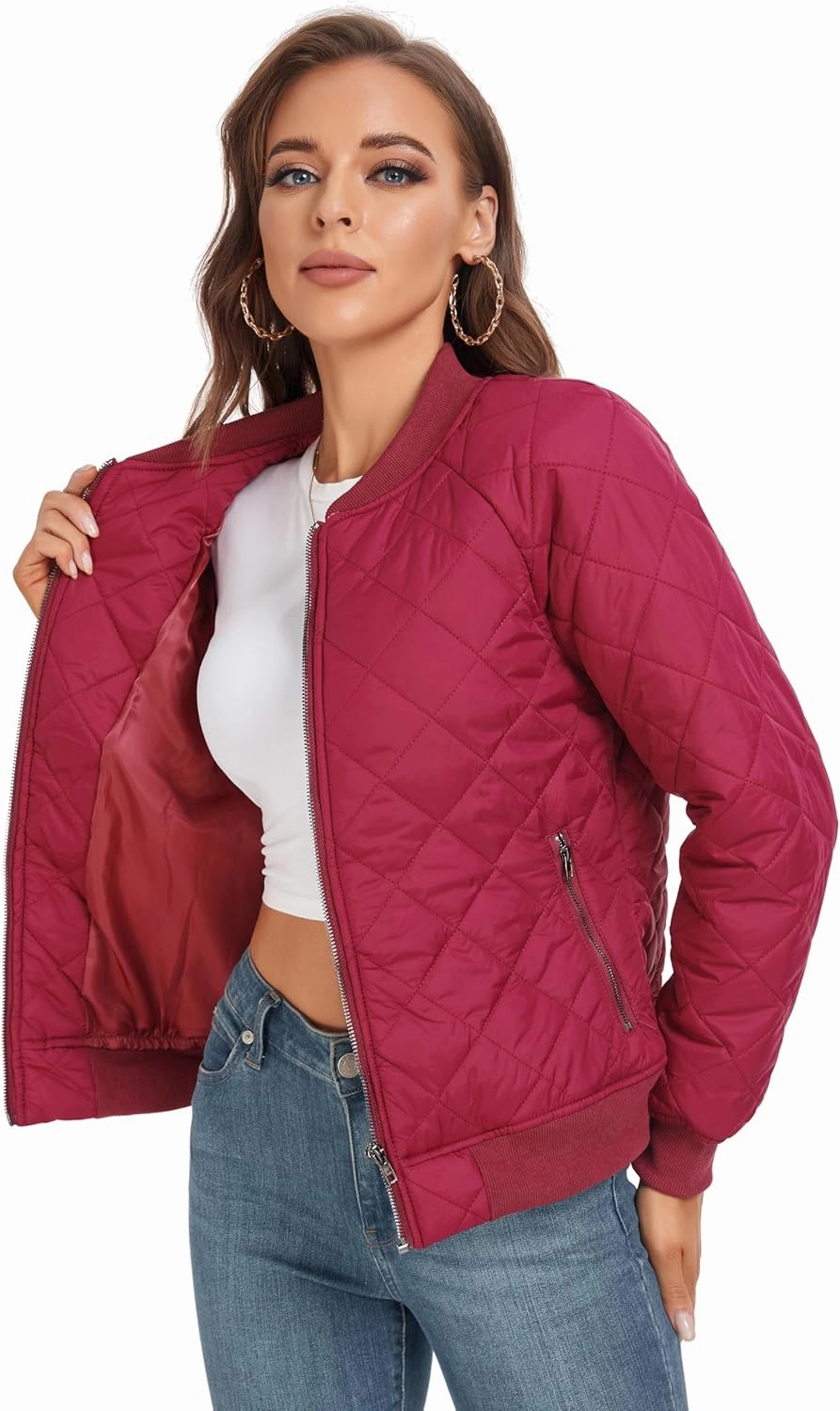andy & natalie Women's Bomber Jacket Fashion Quilted Casual Lightweight Bomber Jakcets Zip up Outerwear Jacket with Pockets