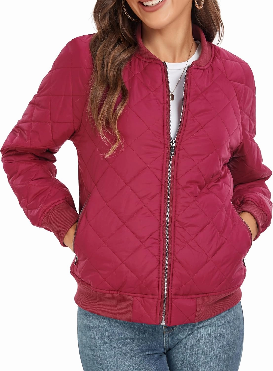 andy & natalie Women's Bomber Jacket Fashion Quilted Casual Lightweight Bomber Jakcets Zip up Outerwear Jacket with Pockets