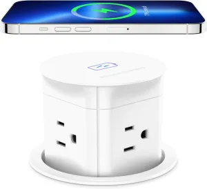 ANNQUAN 3 inch Pop Up Outlet with 15W Wireless Charger,15A Outlets,Pop Up Countertop Receptacle,Desk Hole Power Grommet for Kitchen Office,ETL Listed